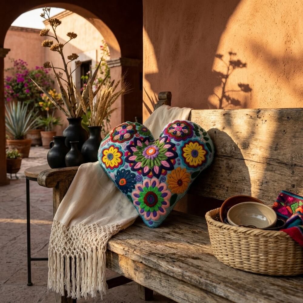 Mexican hand embroidered heart shape decorative pillow 15X14IN